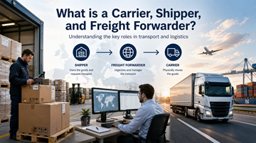 Cadena de transporte en Europa que muestra al cargador, al transitario y al transportista trabajando juntos para mover mercancías entre países